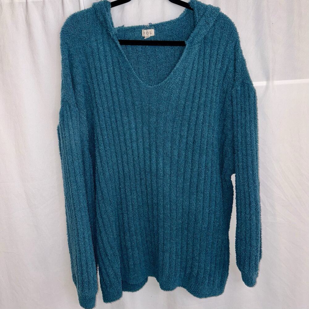 POL Teal Chenille Super Soft Chunky Knit Hooded Sweater Size XL Cozy Boho EUC